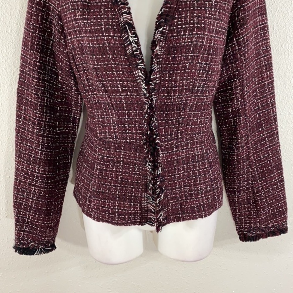 WHBM burgundy white black tweed peplum fringe jacket - Picture 6 of 15